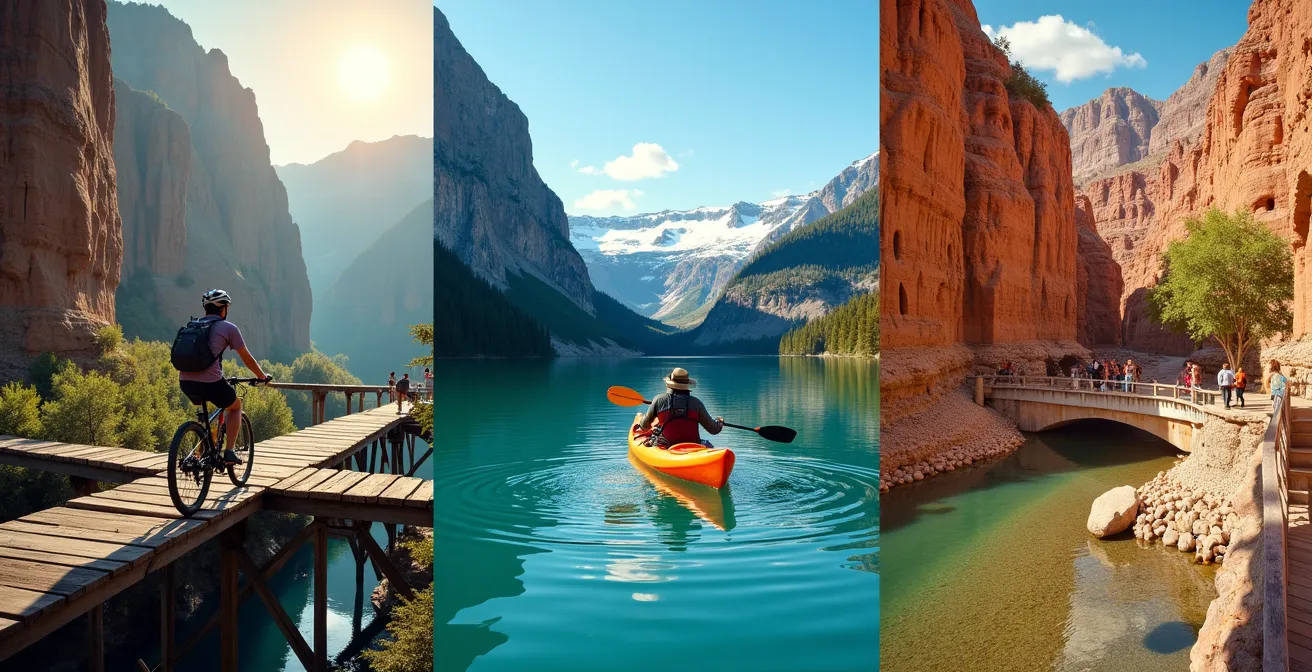 Collage d'activités non-vinicoles : vélo sur Myra Canyon avec trestles historiques, kayak sur le lac Okanagan, et centre culturel autochtone