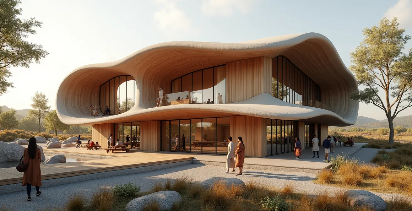 Illustration d'une structure architecturale moderne intégrant des principes autochtones, combinant formes organiques inspirées de la nature avec matériaux traditionnels et technologies durables.