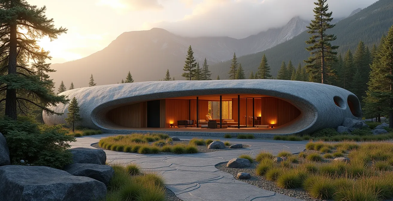 Illustration d'un bâtiment moderne inspiré par les principes architecturaux autochtones, montrant une structure circulaire ou semi-circulaire en harmonie avec la nature, combinant matériaux naturels locaux avec design contemporain, paysage canadien en arrière-plan