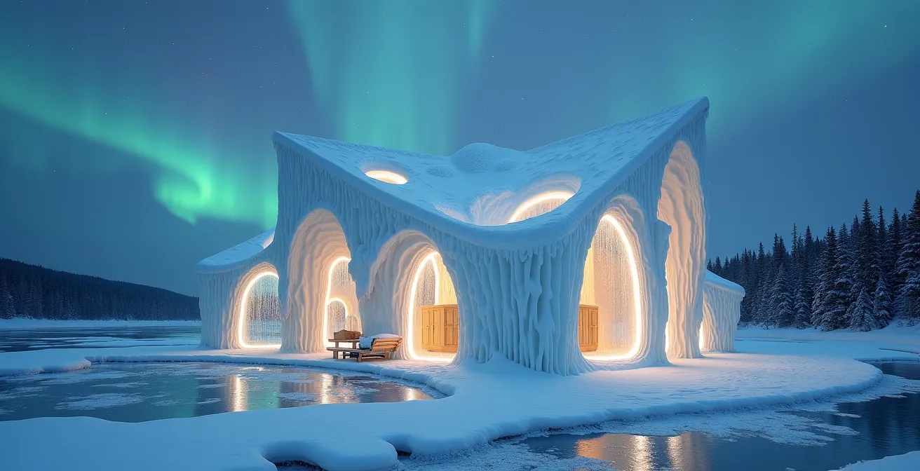 Installation architecturale temporaire sur une rivière gelée, montrant une structure de glace et de bois créative, entourée de nature hivernale enneigée sous aurore boréale.