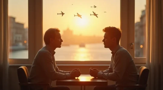 Deux personnes discutent calmement face à face avec des bulles de pensée remplies de symboles de compréhension et de respect mutuel