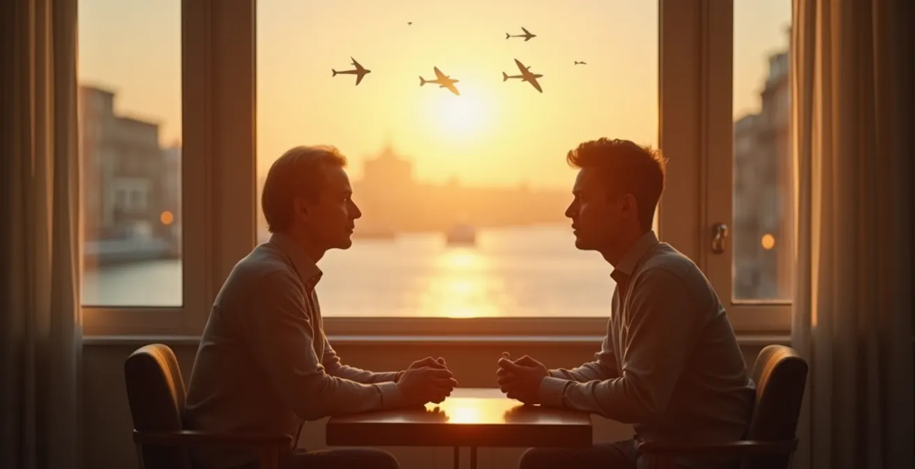 Deux personnes discutent calmement face à face avec des bulles de pensée remplies de symboles de compréhension et de respect mutuel