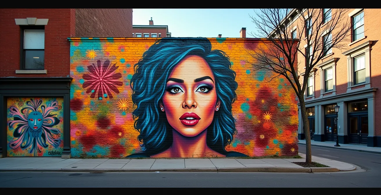 Murale colorée et dynamique sur un mur montréalais, capturant l'essence de l'art urbain comme expression citoyenne et outil de transformation communautaire