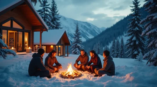 Illustration représentant l'essence de la vie nordique canadienne : scène hivernale montrant un groupe de personnes dans un environnement enneigé nordique, fusionnant la modernité urbaine avec la nature boréale, incarnant la chaleur humaine et l'adaptation joyeuse au climat froid