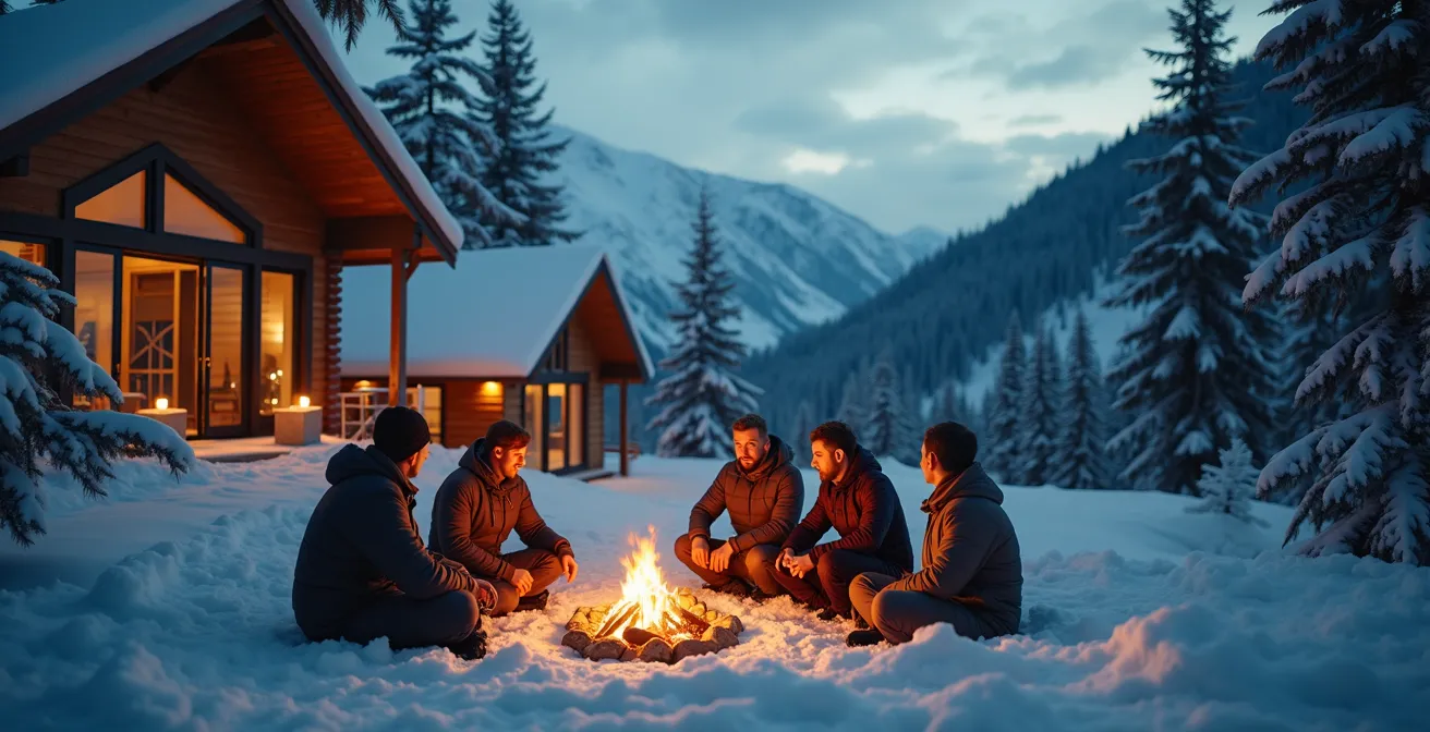 Illustration représentant l'essence de la vie nordique canadienne : scène hivernale montrant un groupe de personnes dans un environnement enneigé nordique, fusionnant la modernité urbaine avec la nature boréale, incarnant la chaleur humaine et l'adaptation joyeuse au climat froid