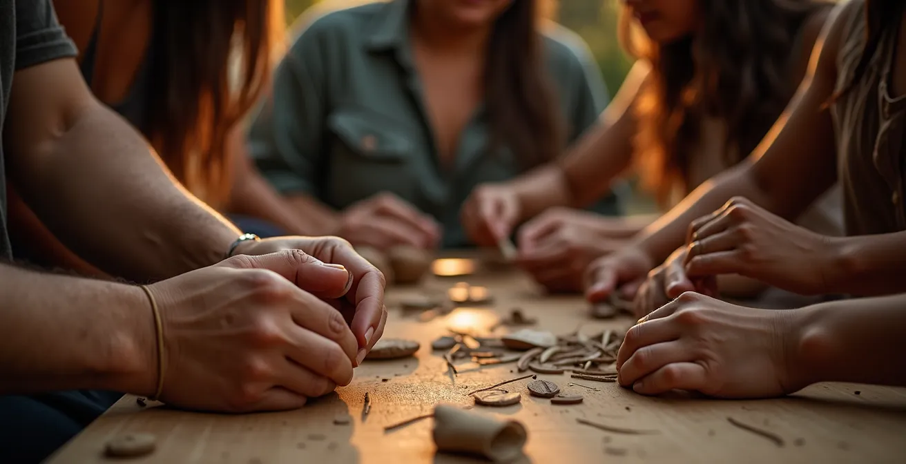 Artisan autochtone guidant des participants dans un atelier traditionnel de fabrication artisanale