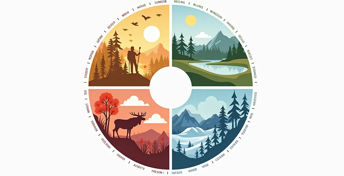 Calendrier visuel montrant les quatre saisons au Canada avec les activités et la faune caractéristique de chaque période