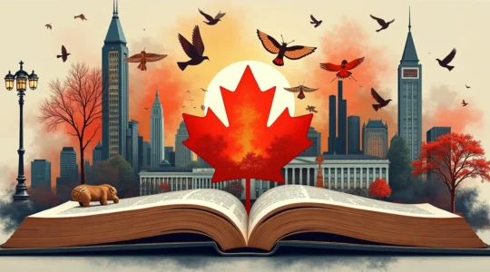Collage symbolique montrant la diversité de la culture canadienne avec des éléments autochtones, littéraires, artistiques et urbains côte à côte.