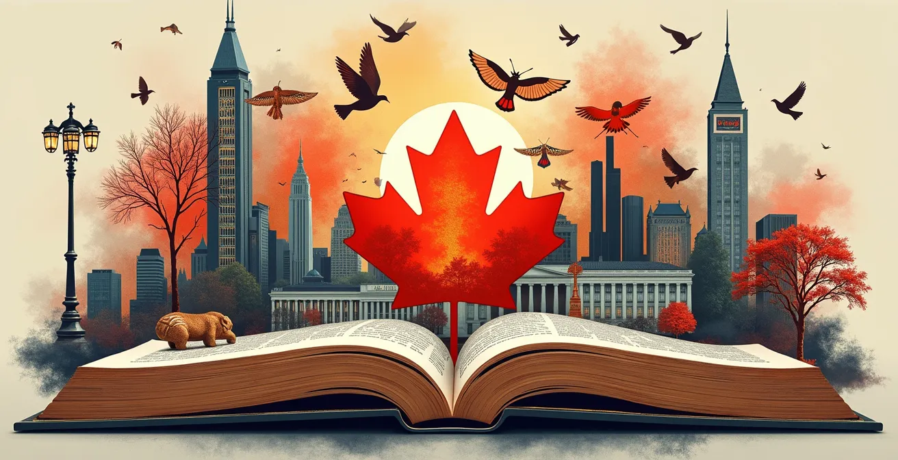 Collage symbolique montrant la diversité de la culture canadienne avec des éléments autochtones, littéraires, artistiques et urbains côte à côte.