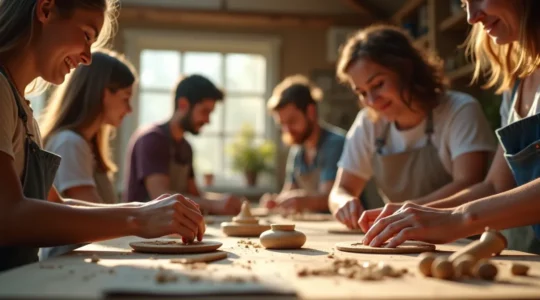 Groupe de participants souriants dans un atelier créatif immersif, mains occupées à créer de l'artisanat avec des matériaux naturels, lumière chaude ambiance inclusive.