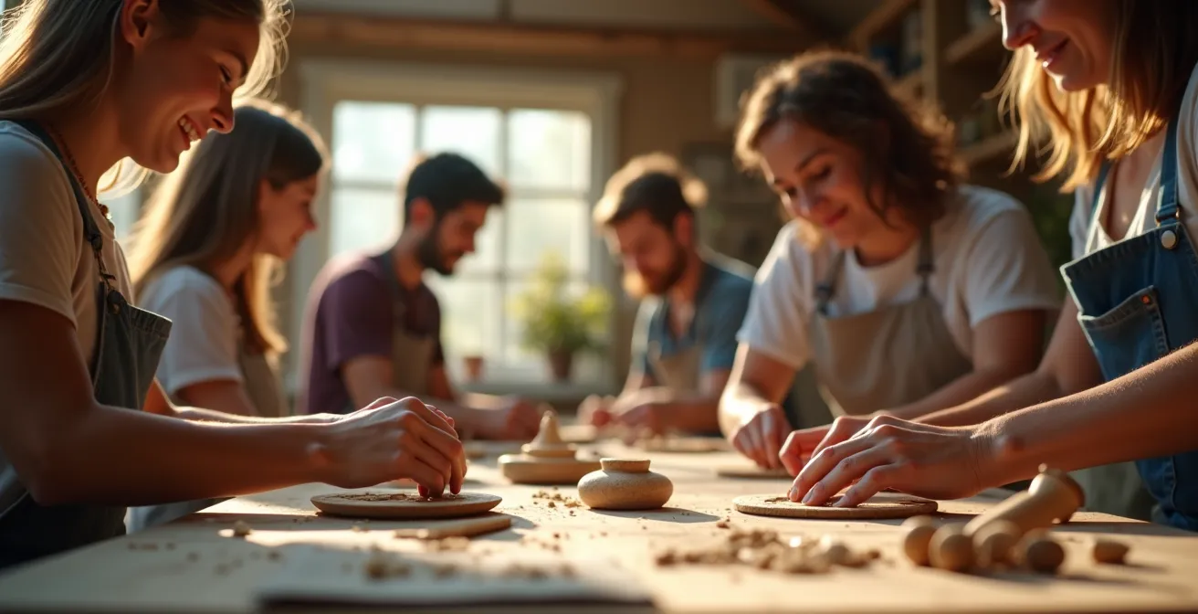 Groupe de participants souriants dans un atelier créatif immersif, mains occupées à créer de l'artisanat avec des matériaux naturels, lumière chaude ambiance inclusive.
