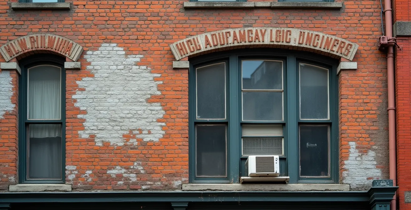 Façade d'un bâtiment montréalais ancien révélant ses cicatrices urbaines : traces de murs mitoyens disparus, fenêtres murées, anciennes inscriptions faded, couches de matériaux successifs et modifications temporelles visibles.