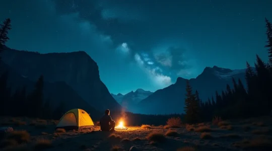 Une personne seule en bivouac sous le ciel etoile au coeur d'un parc national canadien, entouree de montagnes imposantes, liberee de toute connexion numerique