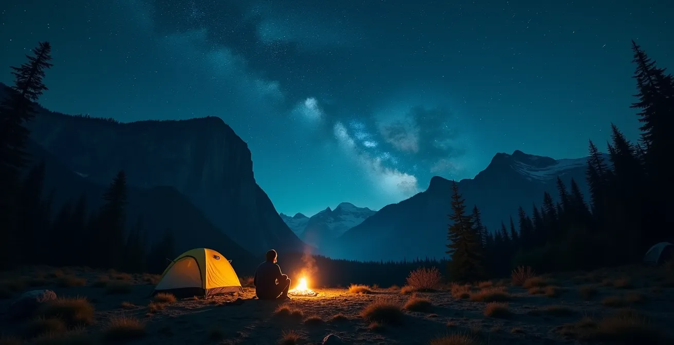 Une personne seule en bivouac sous le ciel etoile au coeur d'un parc national canadien, entouree de montagnes imposantes, liberee de toute connexion numerique