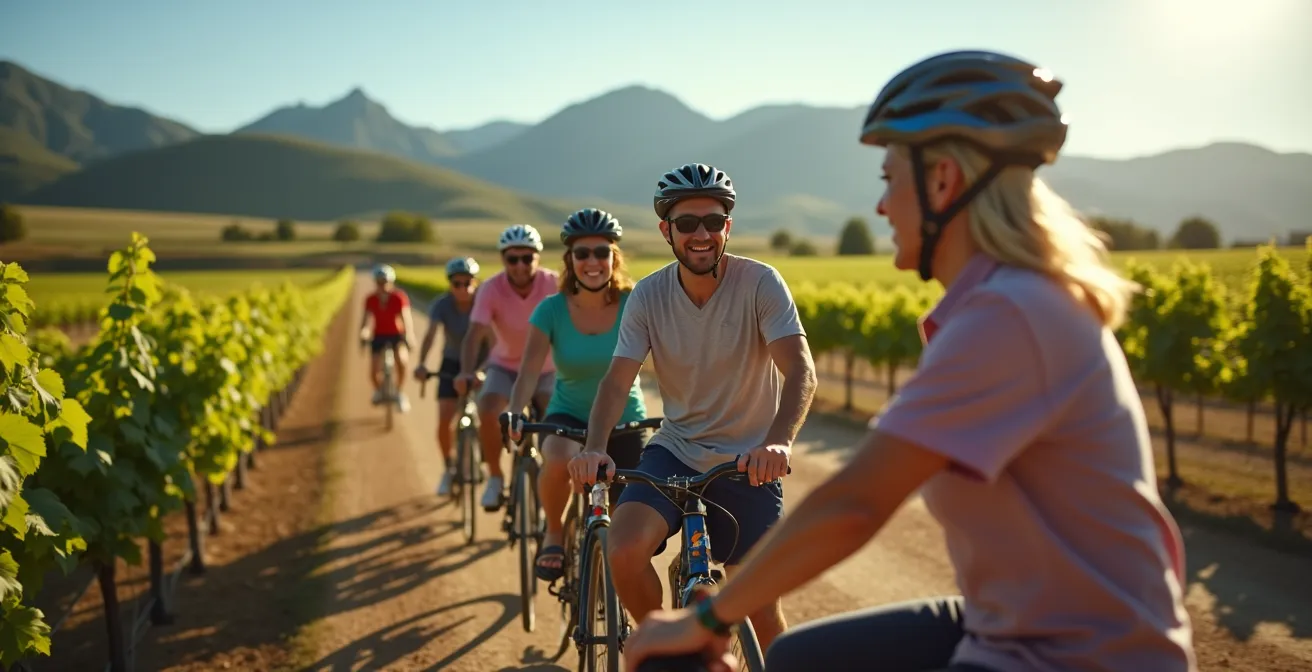 Des visiteurs dégustent des vins en plein air, entourés de panoramas de la vallée de l'Okanagan.