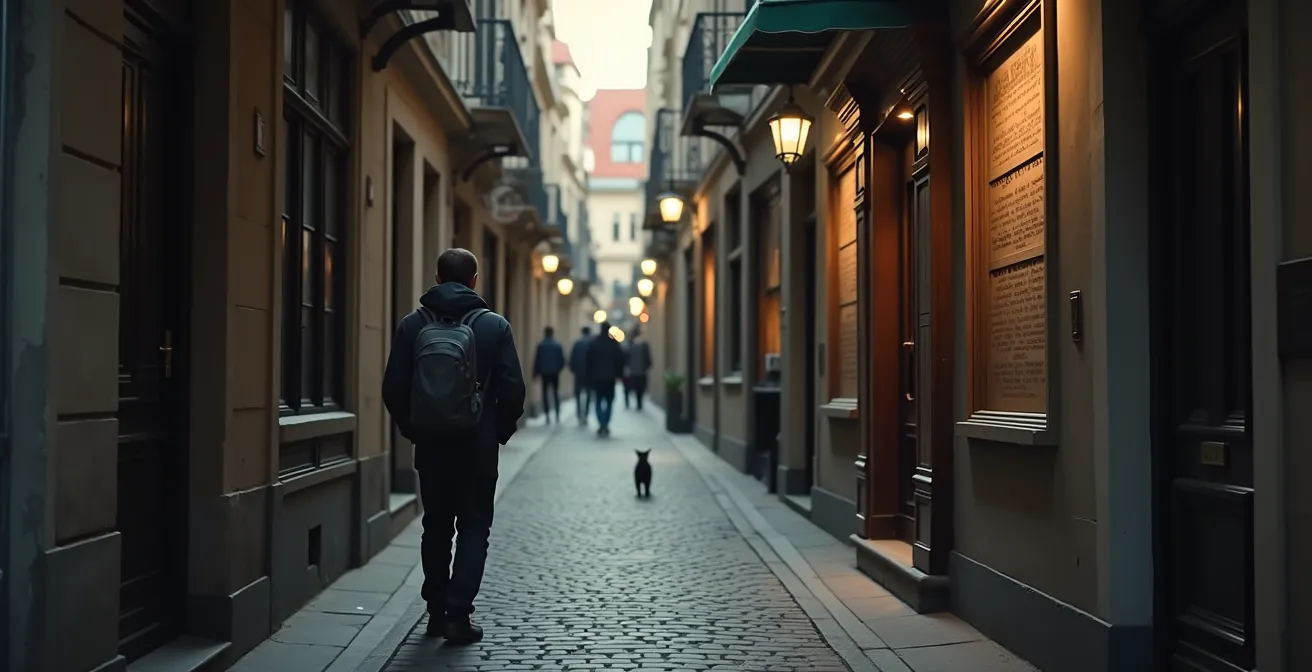 Un explorateur urbain solitaire déambulant dans les rues pavées du Vieux-Québec, découvrant des détails architecturaux cachés, des plaques historiques et des passages secrets loin des foules.
