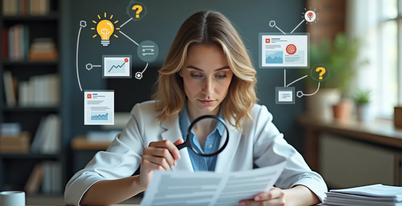 Illustration symbolique d'une personne analyse critique examinant une information source avec outils de vérification et pensée réflexive