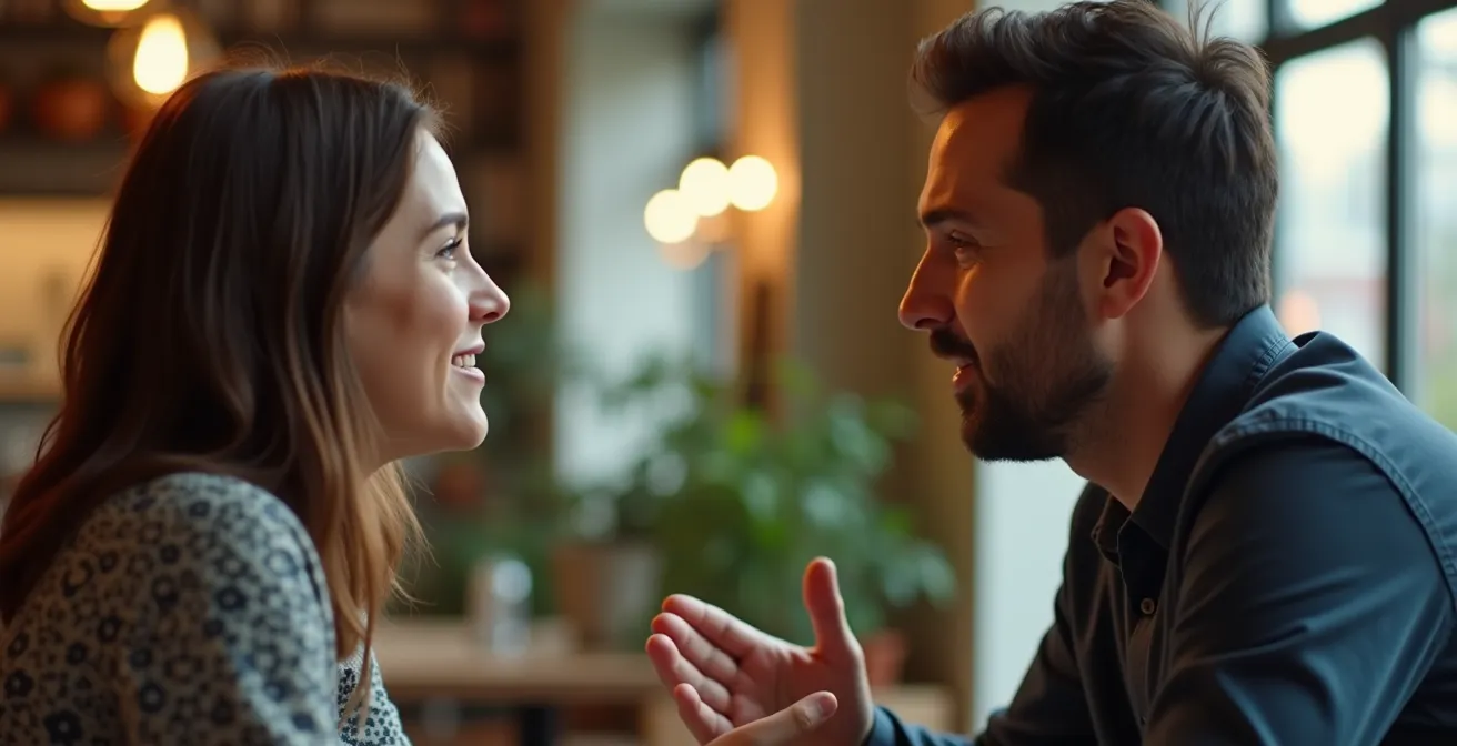 Deux personnes en conversation : l'une parle avec enthousiasme tandis que l'autre l'écoute avec attention totale, hochant la tête et maintenant un contact visuel bienveillant