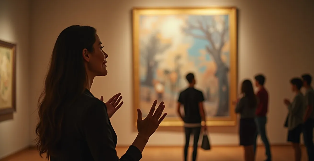 Personne en train de découvrir une peinture abstraite avec expression de curiosité et d'émotion personnelle, sans bagage théorique