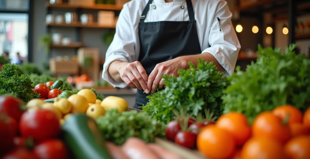 Un chef examine minutieusement la fraîcheur des produits sur les étals du marché Jean-Talon, montréalais.
