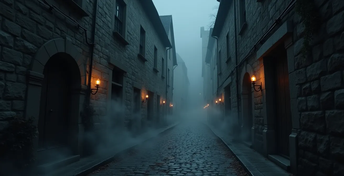 Ruelle étroite et énigmatique du Vieux-Québec enveloppée de brume légère, avec lumière douce émanant des fenêtres historiques, capturant l'atmosphère surnaturelle et l'épaisseur historique du quartier.
