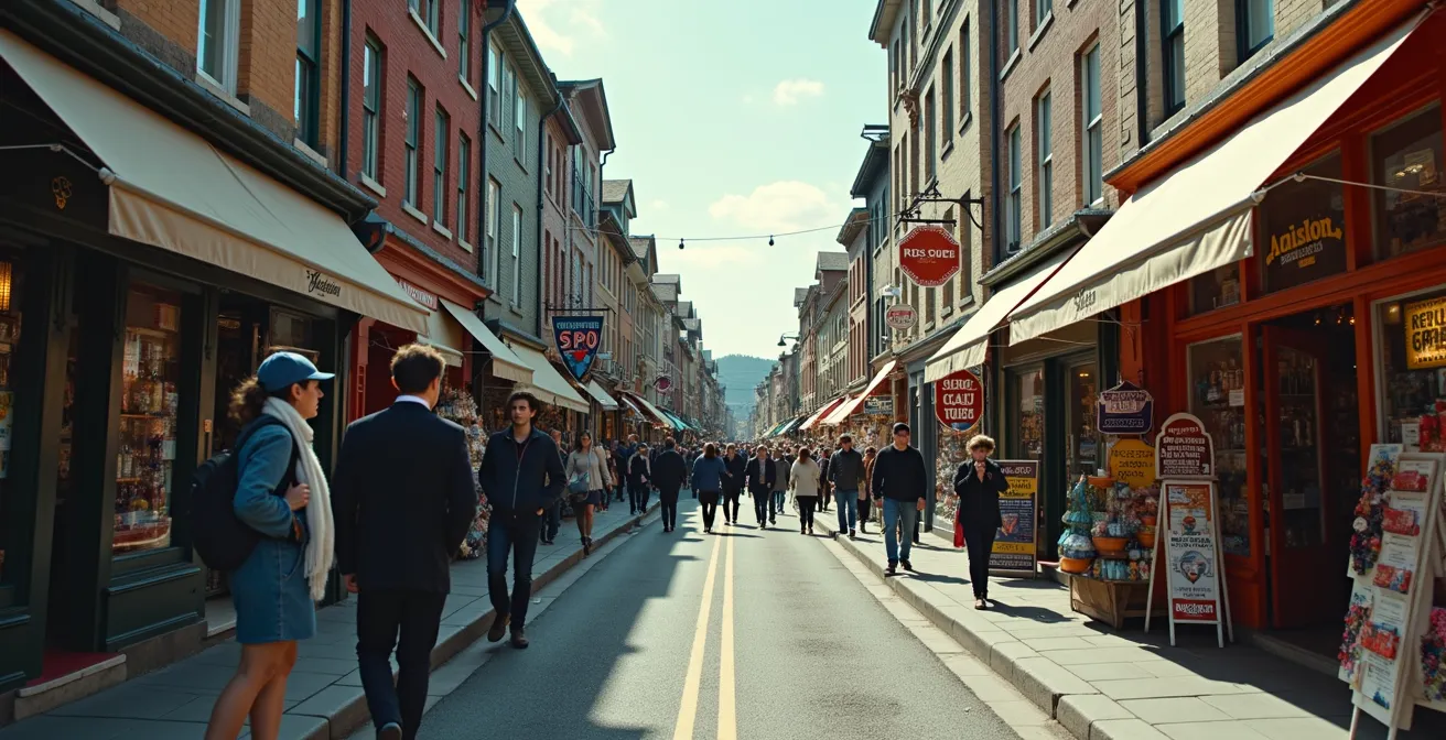 Rue du Vieux-Québec transformée : boutiques traditionnelles remplacées par commerces touristiques, façades restaurées, touristes nombreux, contraste entre patrimoine préservé et dénaturalisation commerciale