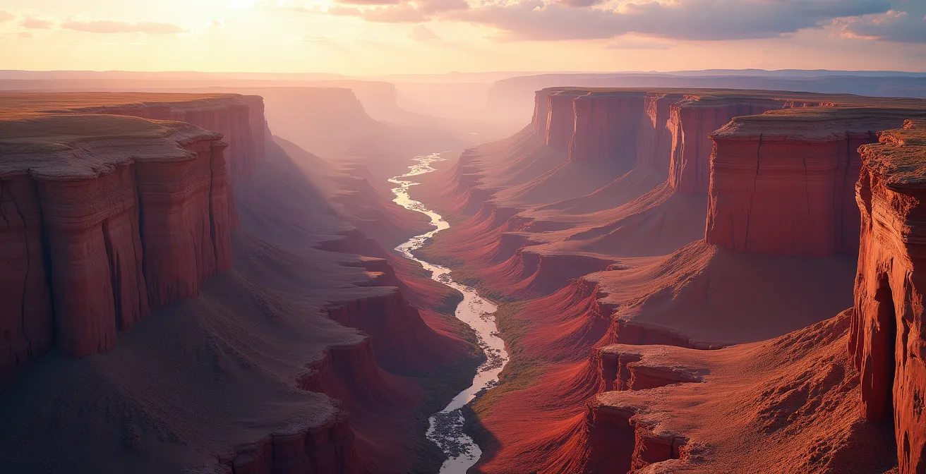 Formations geologiques spectaculaires du Canada montrant des badlands aux teintes rougeoyantes, des fjords profonds et des formations rocheuses anciennes