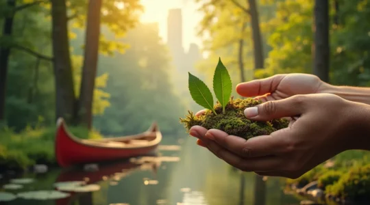 Illustration symbolique montrant l'intégration des savoirs ancestraux autochtones aux défis contemporains de Montréal, avec éléments naturels et culturels entrecroisés