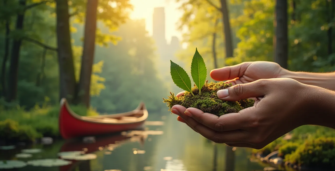 Illustration symbolique montrant l'intégration des savoirs ancestraux autochtones aux défis contemporains de Montréal, avec éléments naturels et culturels entrecroisés