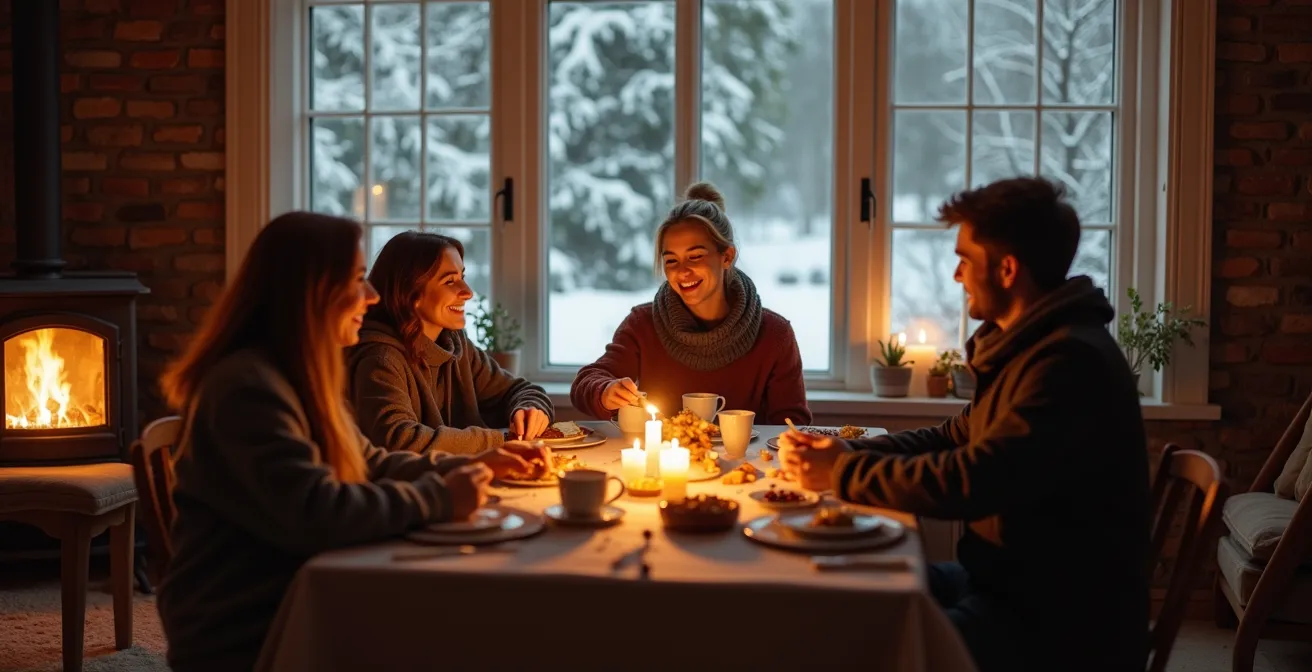 Illustration d'un rituel hygge canadien montrant un groupe de personnes partageant un repas chaud réconfortant dans un intérieur cosy en hiver, avec une fenêtre donnant sur un paysage enneigé, ambiance de chaleur humaine et convivialité