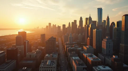 Vue aérienne de Montréal montrant l'évolution architecturale, du chalet traditionnel aux tours de verre modernes, illustrant la diversité des styles architecturaux canadiens.