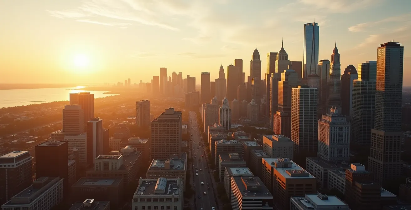 Vue aérienne de Montréal montrant l'évolution architecturale, du chalet traditionnel aux tours de verre modernes, illustrant la diversité des styles architecturaux canadiens.