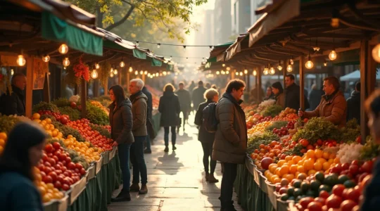 Vue panoramique du Marché Jean-Talon avec ses étals colorés de fruits, légumes et produits locaux du Québec dans le quartier de la Petite-Italie à Montréal.