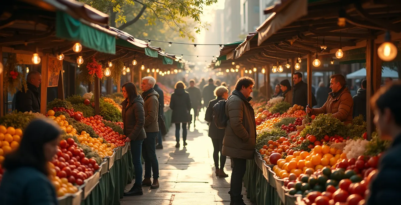 Vue panoramique du Marché Jean-Talon avec ses étals colorés de fruits, légumes et produits locaux du Québec dans le quartier de la Petite-Italie à Montréal.