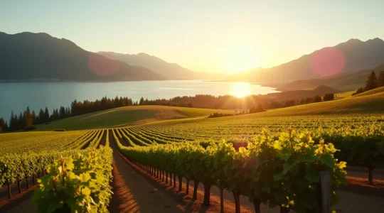 Paysage de la vallée de l'Okanagan avec vignobles en rangées, montagnes en arrière-plan, et le lac étincelant sous le soleil