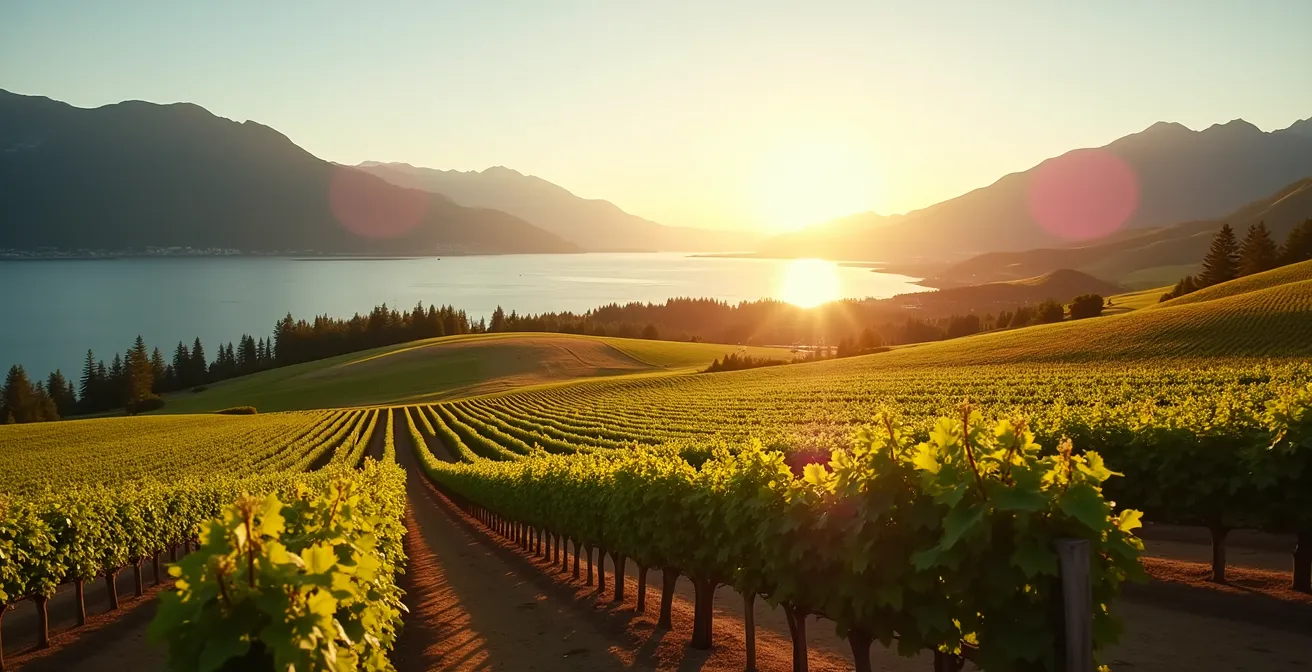 Paysage de la vallée de l'Okanagan avec vignobles en rangées, montagnes en arrière-plan, et le lac étincelant sous le soleil