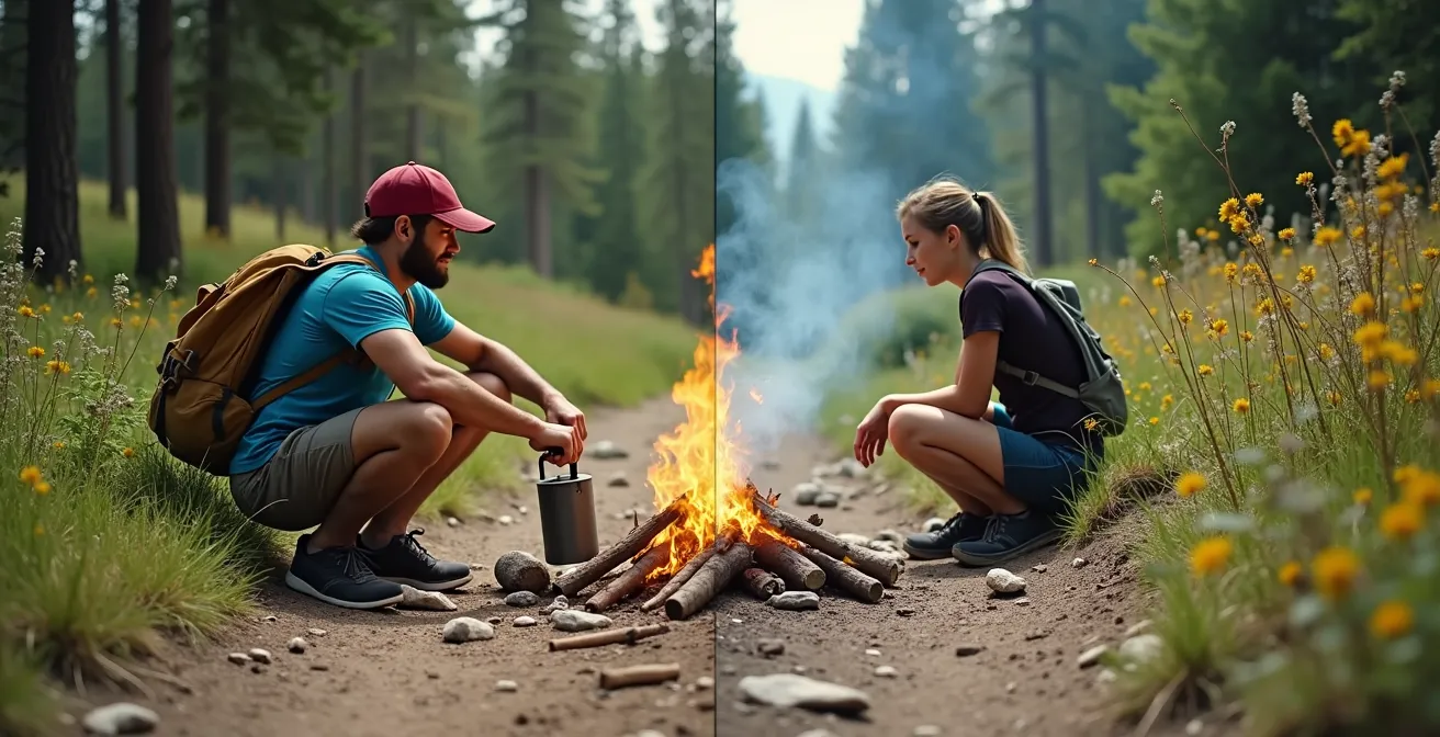 Une illustration montrant les bonnes et mauvaises pratiques du sans trace : campeur respectueux laissant aucune trace versus campeur négligent polluant l'environnement