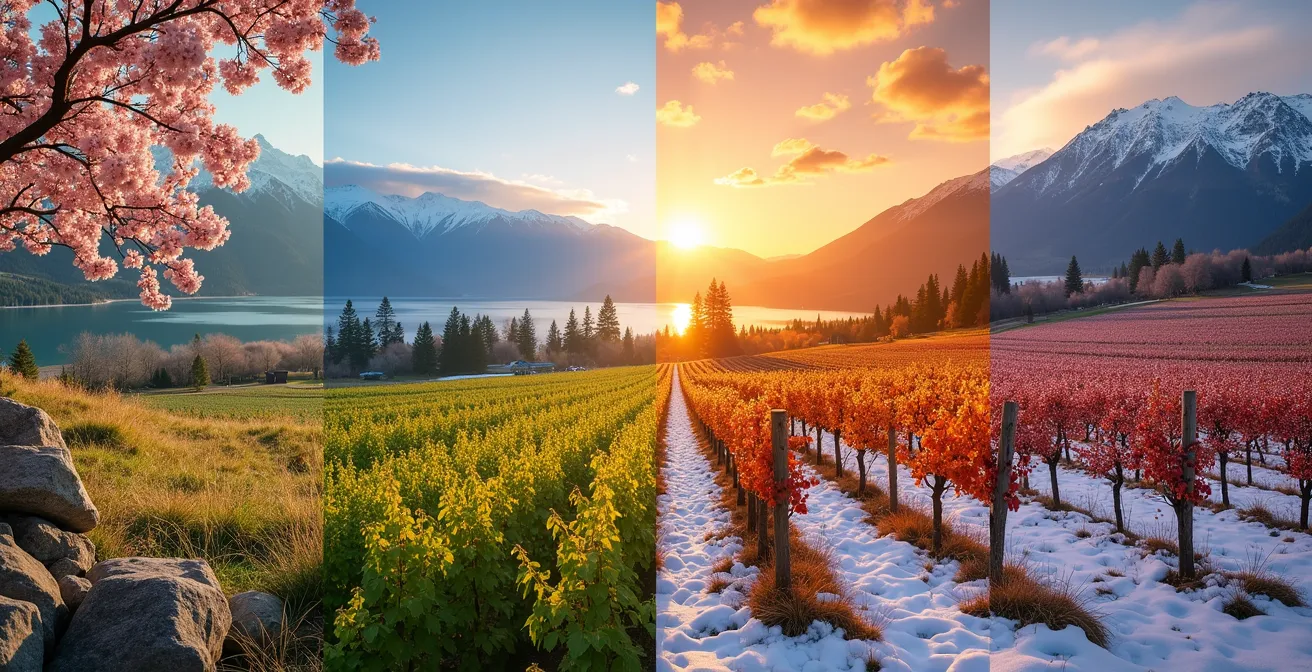 Représentation des quatre saisons dans la vallée de l'Okanagan : printemps avec fleurs, été ensoleillé, automne aux couleurs dorées, hiver enneigé