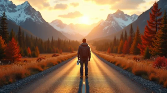 Illustration montrant un voyageur face à plusieurs chemins menant à différentes régions du Canada, avec des symboles des destinations canadiennes