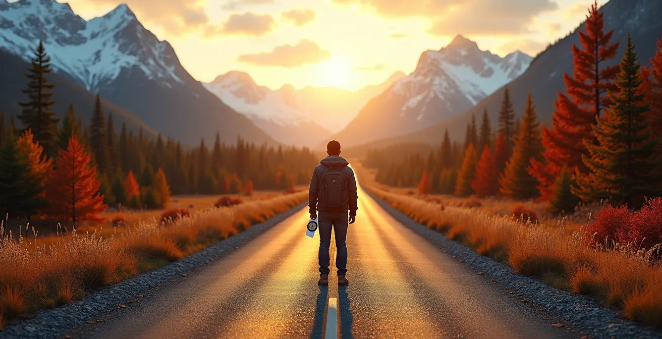 Illustration montrant un voyageur face à plusieurs chemins menant à différentes régions du Canada, avec des symboles des destinations canadiennes