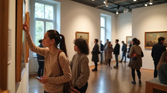 Personnes diverses explorant avec confiance une galerie d'art moderne, brisant les barrières entre l'art institutionnel et l'accès public