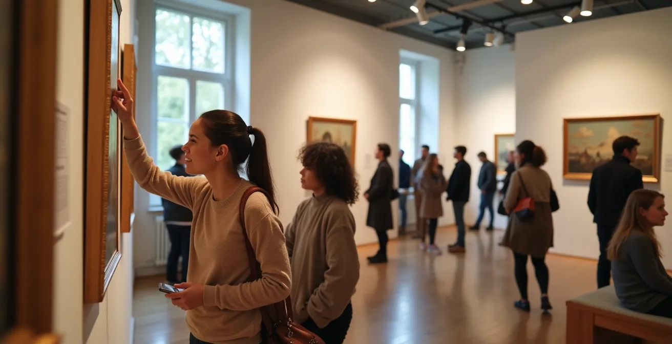 Personnes diverses explorant avec confiance une galerie d'art moderne, brisant les barrières entre l'art institutionnel et l'accès public