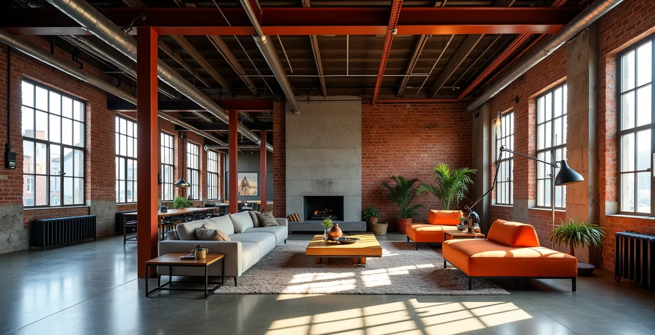 Intérieur de loft converti montrant conservation délibérée d'éléments industriels : poutres métalliques exposées, planchers de béton brut, fenêtres d'entrepôt surdimensionnées, systèmes de ventilation vintage intégrés comme éléments de design.