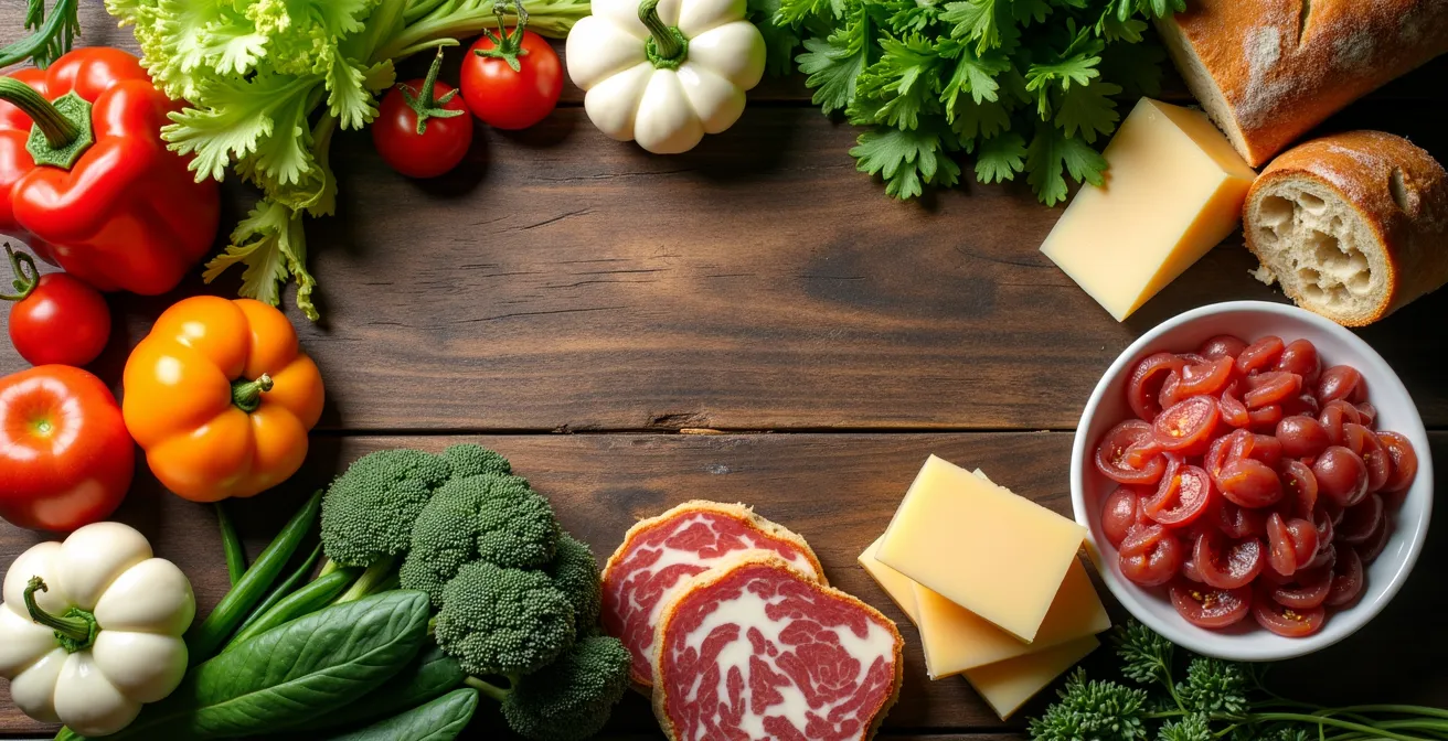 Composition de produits du Marché Jean-Talon organisés pour préparer un repas gastronomique complet : fruits, légumes, fromages, charcuteries et pains artisanaux du Québec.