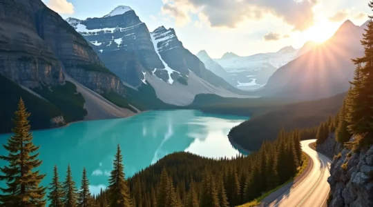 Paysage montagneux des Rocheuses canadiennes avec un lac turquoise, des pics enneigés et une route panoramique, illustrant l'exploration stratégique de Banff et Jasper.