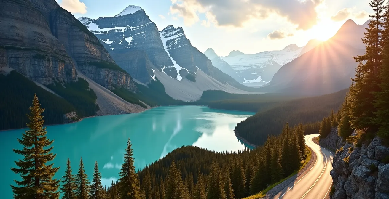 Paysage montagneux des Rocheuses canadiennes avec un lac turquoise, des pics enneigés et une route panoramique, illustrant l'exploration stratégique de Banff et Jasper.