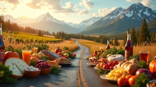 Panorama immersif de la route des saveurs mettant en scène des spécialités culinaires typiques du Canada, du Québec à la Colombie-Britannique.