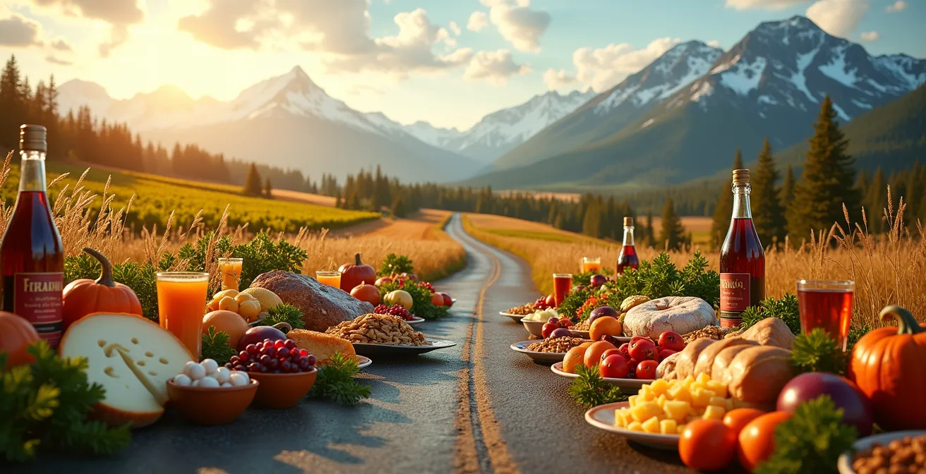 Panorama immersif de la route des saveurs mettant en scène des spécialités culinaires typiques du Canada, du Québec à la Colombie-Britannique.