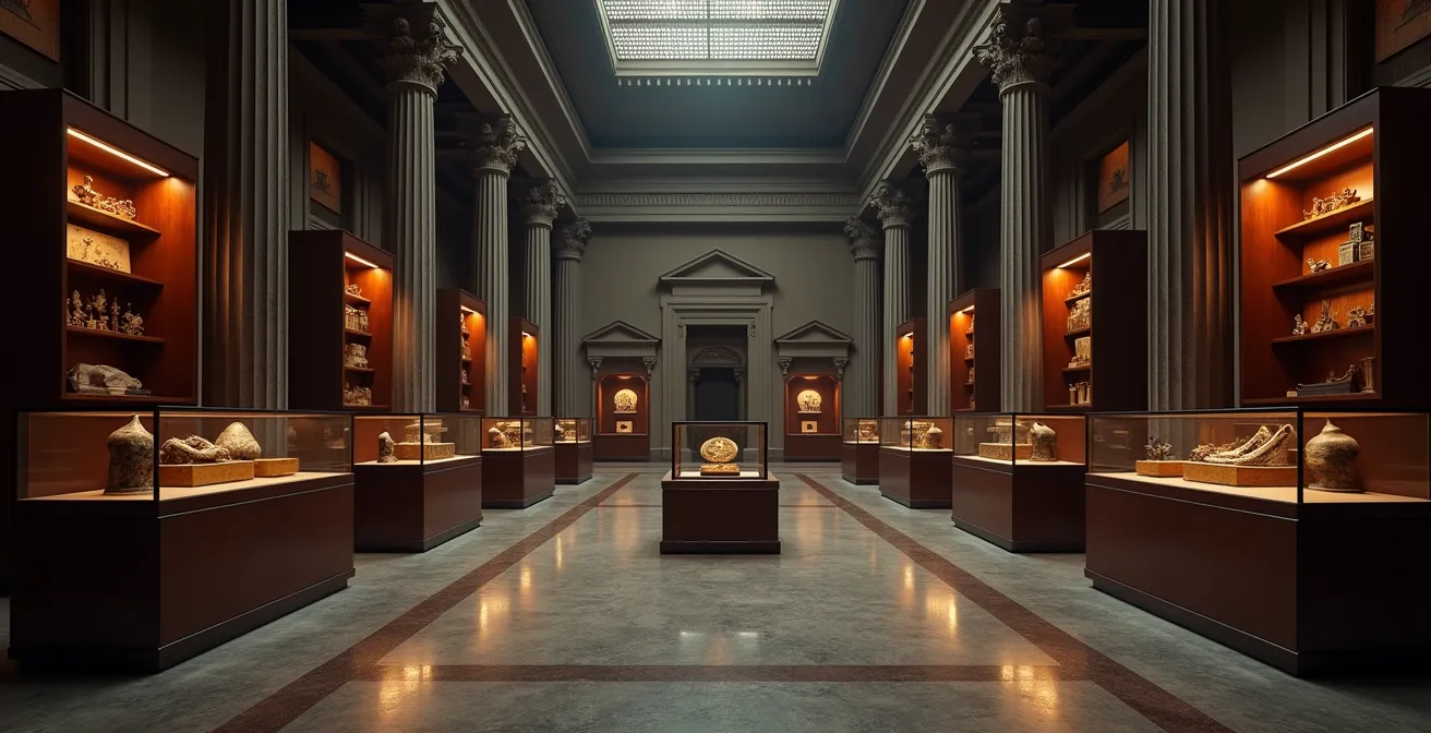 Représentation symbolique des tensions entre conservation muséale traditionnelle et responsabilité sociale contemporaine, avec éléments d'histoire autochtone et coloniale