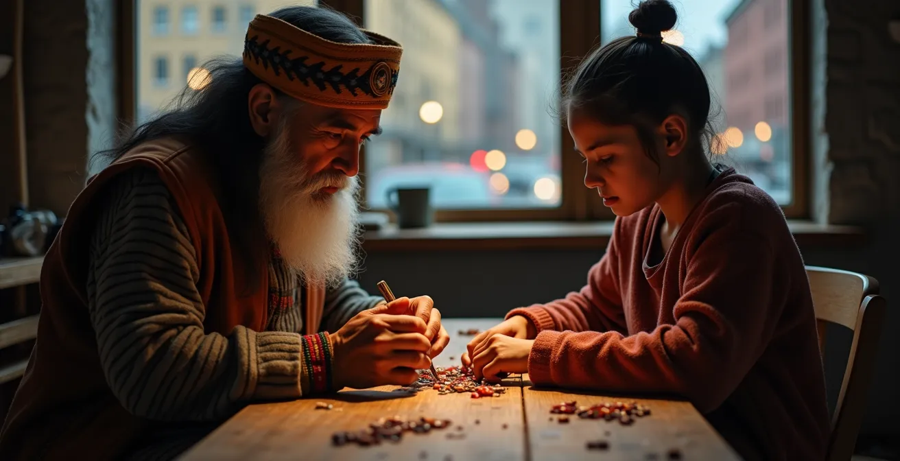 Aîné autochtone transmettant les savoirs traditionnels à une jeune génération dans un contexte urbain et numérique